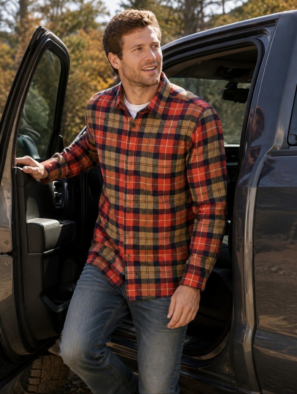 Eddie Bauer Mens Flannel Shirt Orange Bittersweet Harvest Plaid Button Up, Small